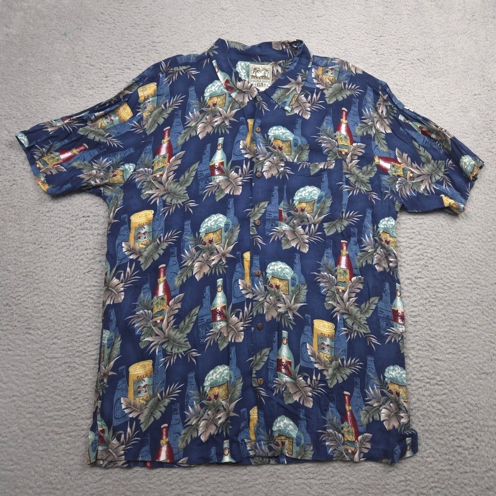 Steve & Barry's Classic Hawaiian Shirt Men‎ XXL Rayon Beer Bottle Print Blue